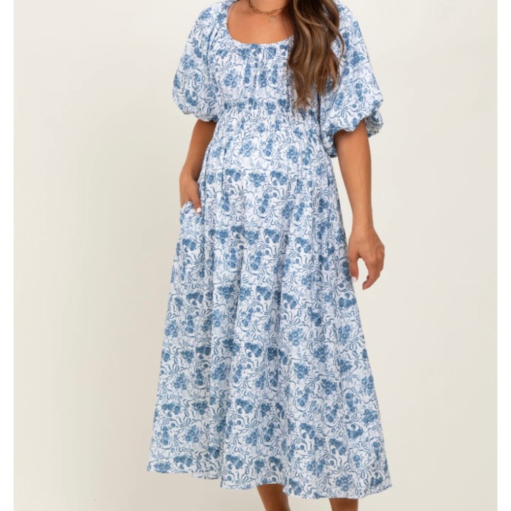 Blue Multi Printed Floral Maternity Maxi Dress